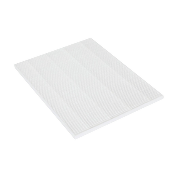 White pleated rectangular air filter with parallel ridged surface pattern.