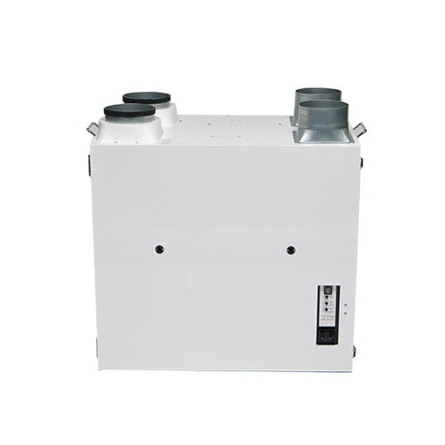 White rectangular energy recovery ventilator unit with dual duct connections on top and control panel on front.