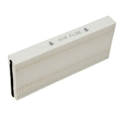 White rectangular air filter with ribbed pleated surface and black base strip.