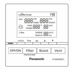 Panasonic FV-150VEC1 white wall-mounted ventilator control panel with digital display and four buttons.