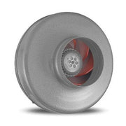 Silver cylindrical inline duct fan with red impeller blades visible through the center opening.