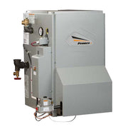 Gray residential gas boiler with brass fittings, gauges, and control valves on front panel, Pennco branding visible.