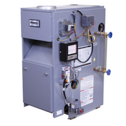 Pennco 16 Series gas-fired steam boiler with control panel, piping connections, and burner assembly visible on front.