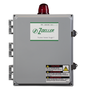 Zoeller gray control panel with red beacon light, green Zoeller logo, caution labels, and side-mounted terminals.