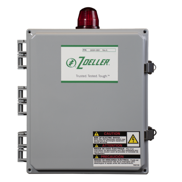 Zoeller gray control panel with red beacon light, green Zoeller logo, caution labels, and side-mounted terminals.