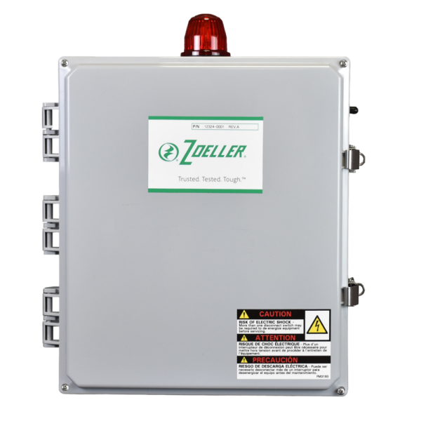 Zoeller Pivot Pro duplex control panel with red warning light, terminal connections on sides, and caution labels.