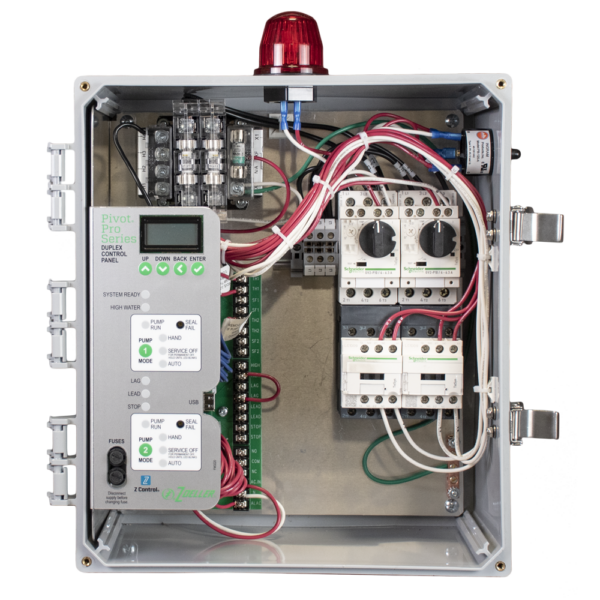 Zoeller Pivot Pro Duplex Control Panel with 3-phase electrical components, wiring, and red beacon mounted on enclosure.