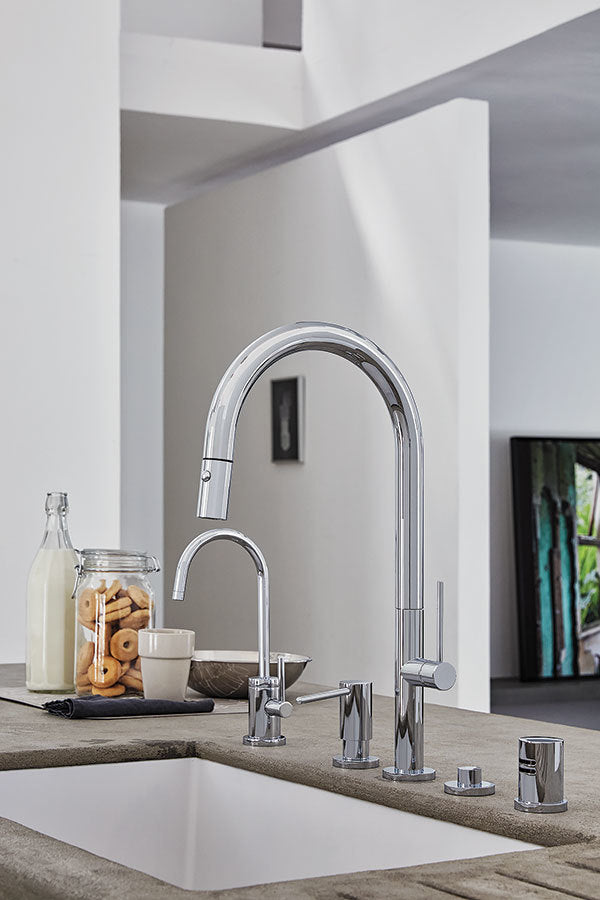 California Faucets Poetto Pull-Down Kitchen Faucet with Button Sprayer - High Arc Spout in Matte Black - K50-100-FB-MBLK