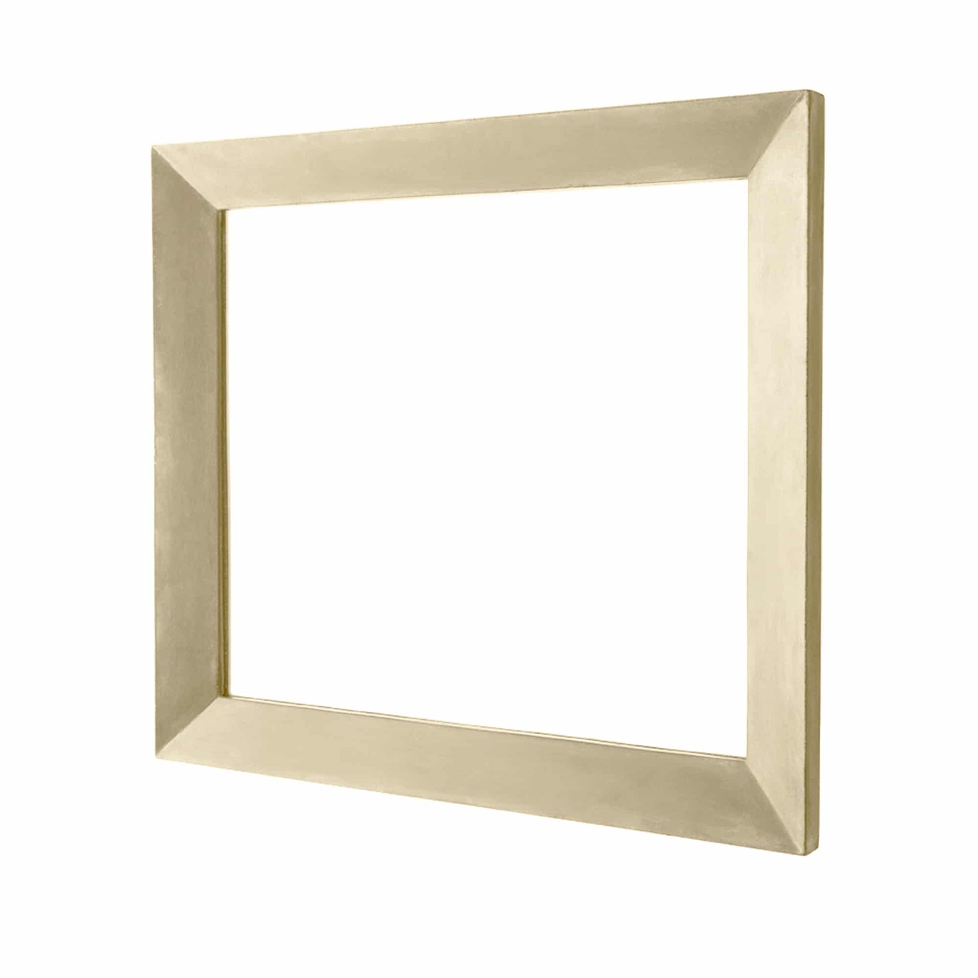 Sand-colored rectangular mirror with beveled wooden frame and reflective center panel.