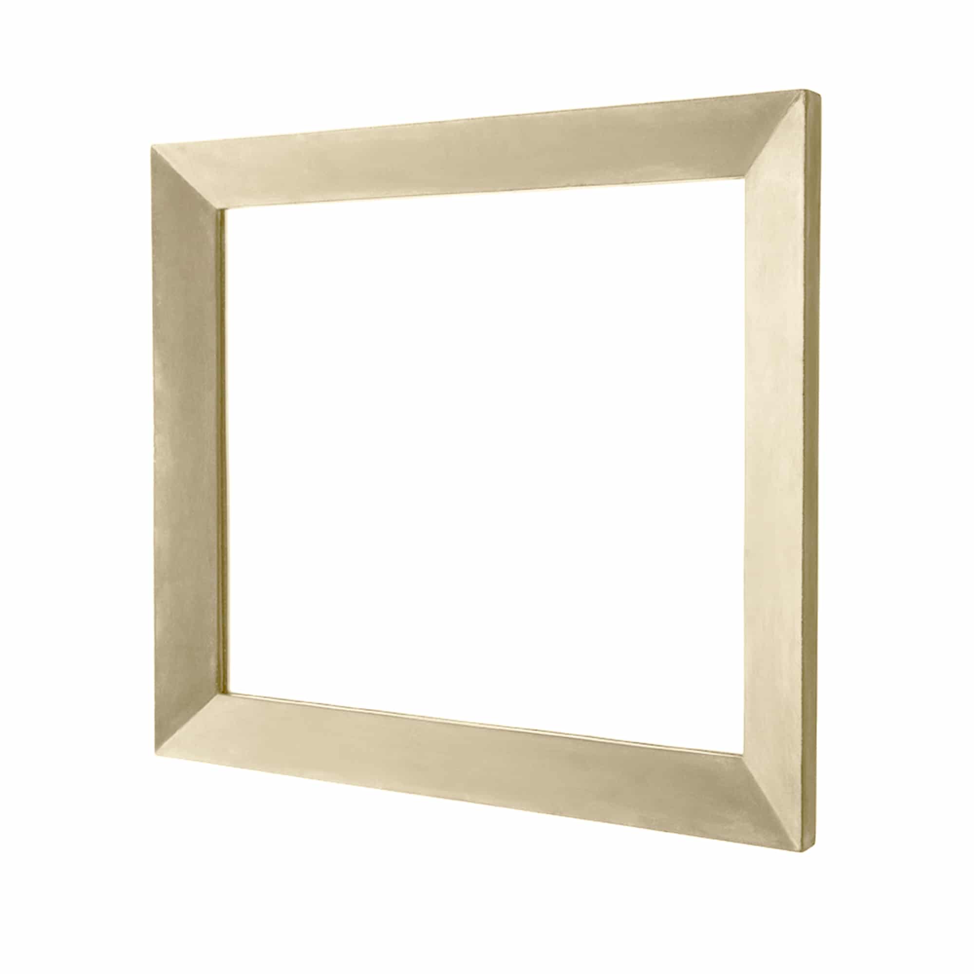 Sand-colored rectangular mirror with beveled wooden frame and reflective center panel.