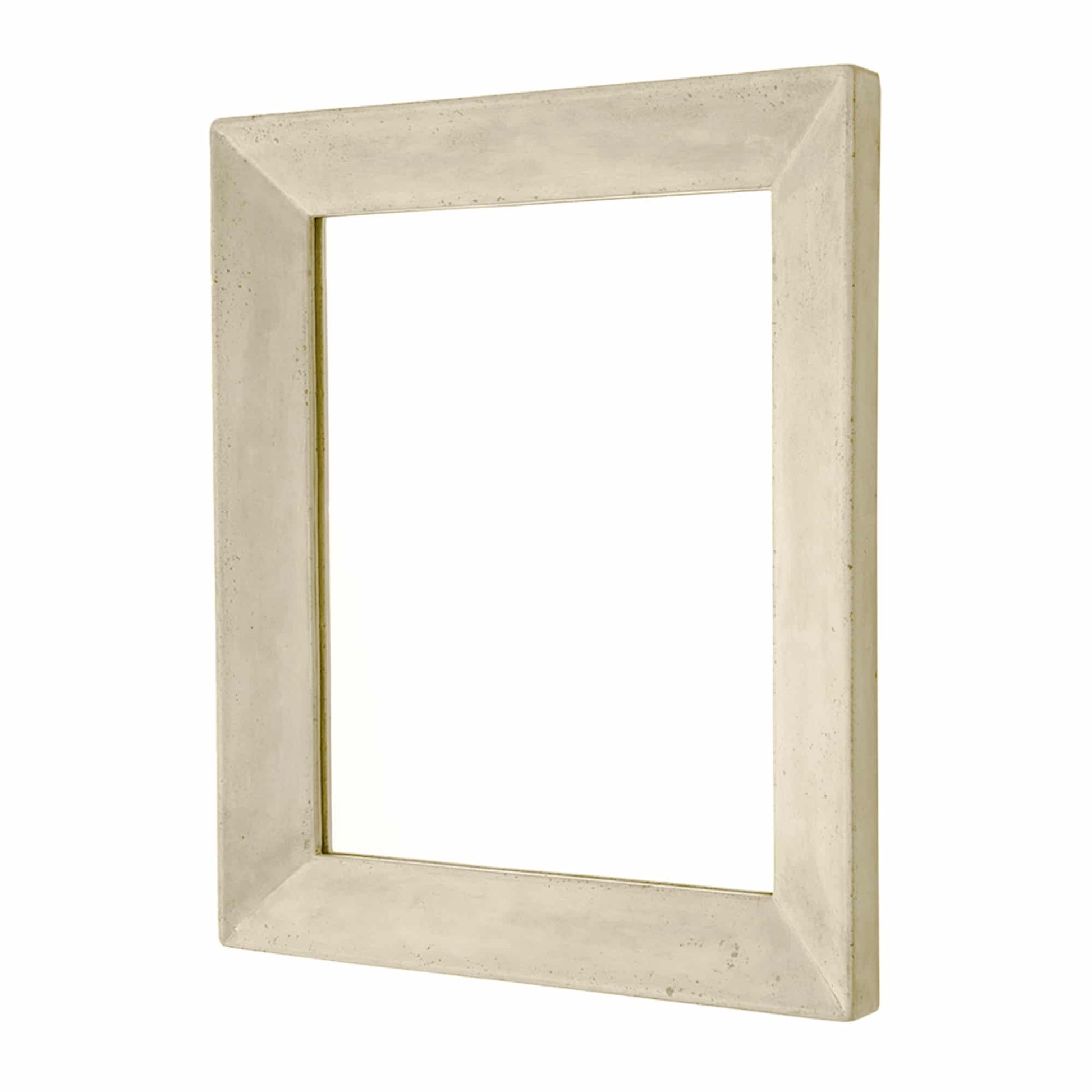 Sand-colored concrete frame mirror with beveled edge and speckled finish.