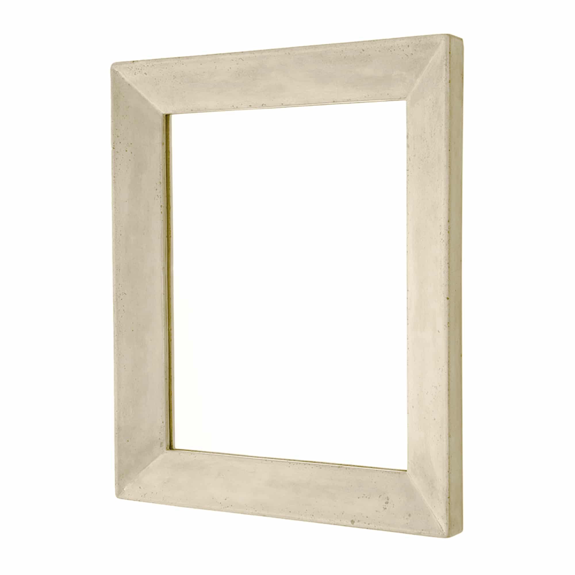 Sand-colored concrete frame mirror with beveled edge and speckled finish.