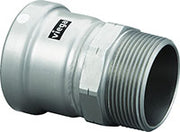 Viega MegaPress press adapter in carbon steel with zinc-nickel coating, cylindrical fitting with threaded end.