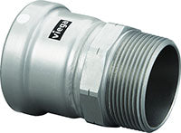 Viega MegaPress press adapter in carbon steel with zinc-nickel coating, cylindrical fitting with threaded end.