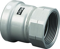 Viega MegaPress carbon steel press adapter with zinc-nickel coating and threaded female connection.
