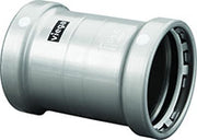 Viega MegaPress 4" press coupling in brushed stainless steel with threaded ends.