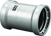 Silver metal press coupling with threaded ends and black grip bands, 2-1/2 inch diameter.