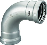 Viega MegaPress 4-inch 90-degree elbow fitting in carbon steel with zinc-nickel coating.