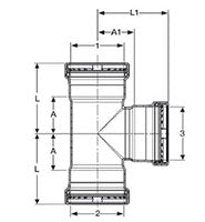 Carbon steel press tee fitting with zinc-nickel coating and measurement dimensions labeled on technical drawing.