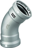 Viega MegaPress 45-degree elbow fitting in silver carbon steel with zinc-nickel coating.