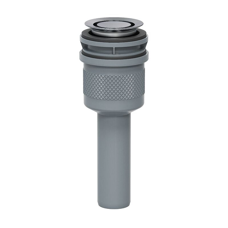 Pop-down sink drain assembly in polished chrome with textured grip band and cylindrical pipe connection.