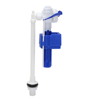 White and blue toilet fill valve assembly with riser tube and blue float lever mechanism.