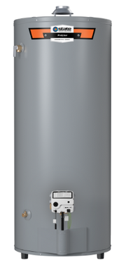Gray cylindrical gas water heater with orange control panel and bottom-mounted controls.