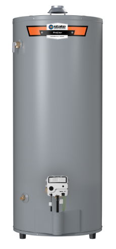 Gray cylindrical gas water heater with orange control panel and bottom-mounted controls.