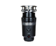 Black cylindrical waste disposer with stainless steel mounting collar and red power button on front.