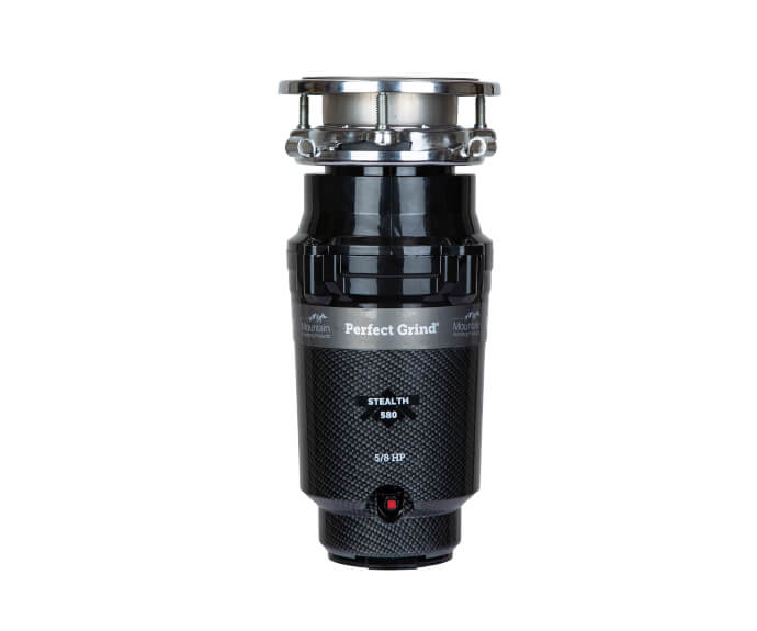 Black cylindrical waste disposer with stainless steel mounting collar and red power button on front.