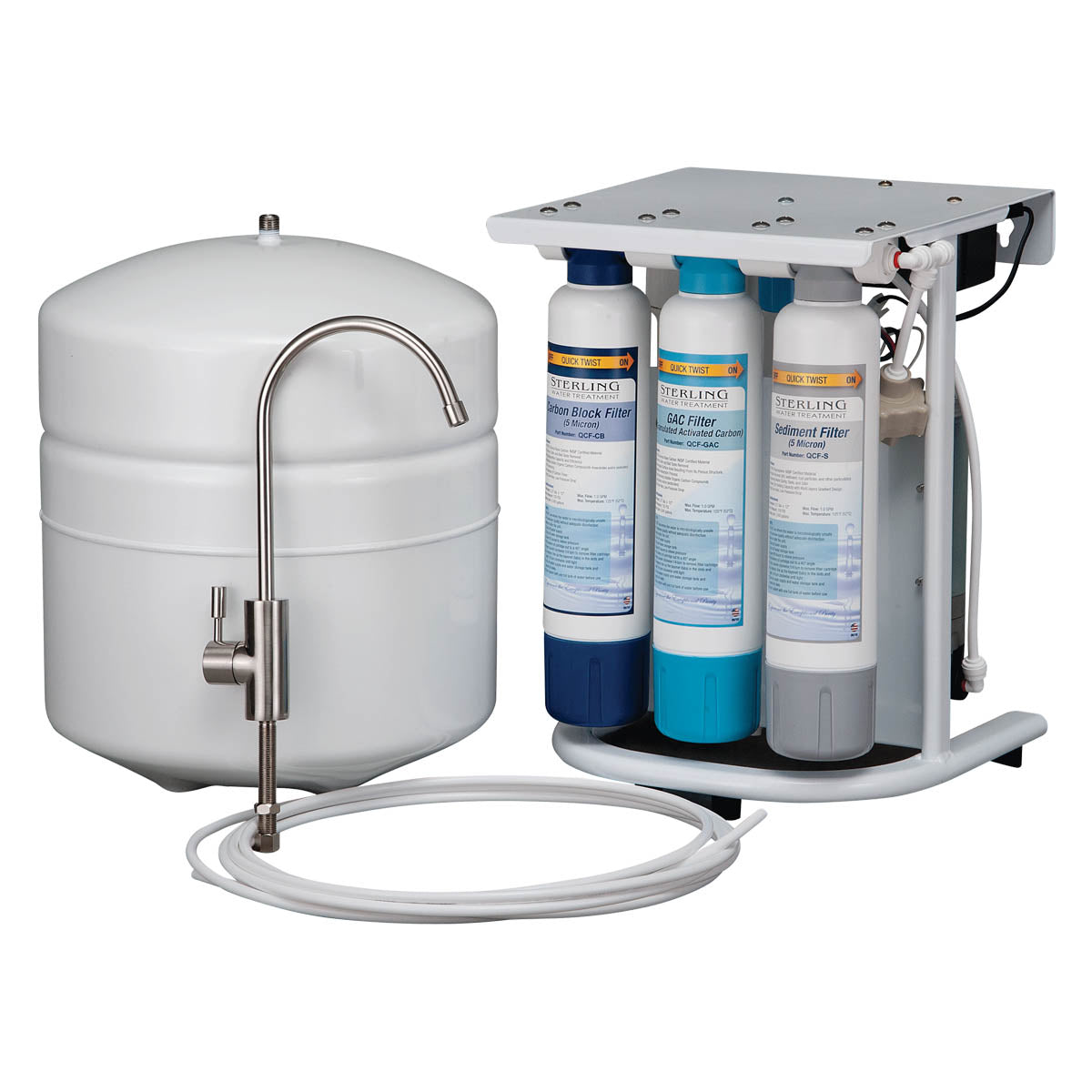 Reverse osmosis system with white storage tank, three replacement filter cartridges, chrome faucet, and connecting tubing.