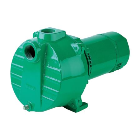 Green cast iron self-priming sprinkler pump with cylindrical motor housing and side intake port.