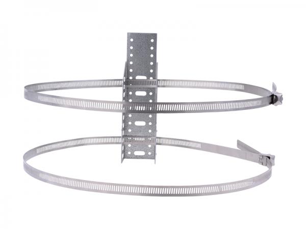Metal expansion tank mounting bracket with two perforated metal straps and adjustable hose clamps for wall or pipe installati