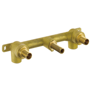 Brass wall-mount tub filler rough-in with two handle ports and center spout connection.