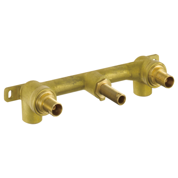 Brass wall-mount tub filler rough-in with two handle ports and center spout connection.