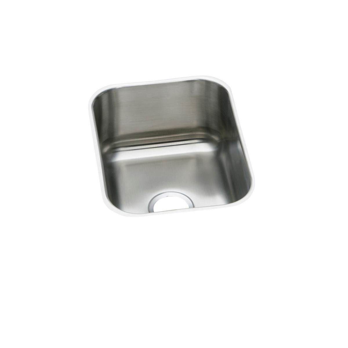 Stainless steel single bowl undermount sink with rounded corners and drain hole.