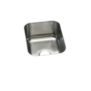 Stainless steel single bowl undermount sink with rounded corners and drain hole.
