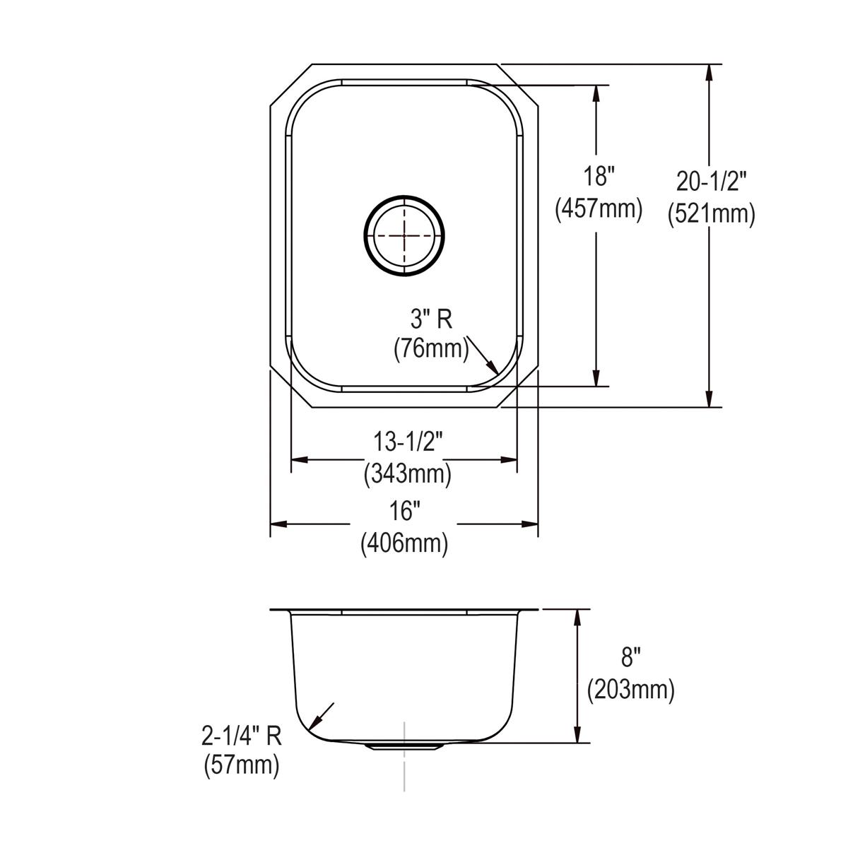 Stainless steel single bowl undermount sink with rounded corners, drain hole, and dimension specifications showing 16" width,