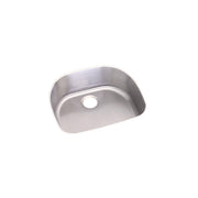 Single bowl stainless steel undermount sink with rounded corners and drain hole.