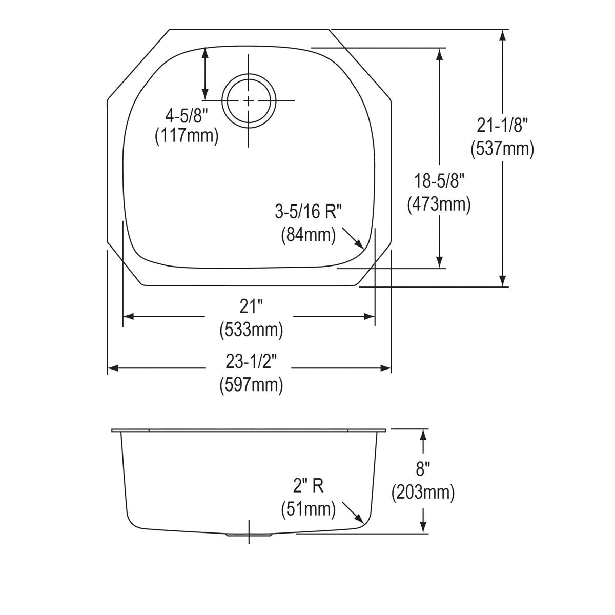 Stainless steel single bowl undermount sink with rounded corners and drain opening, shown in top and side view technical draw