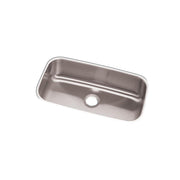 Stainless steel rectangular undermount sink with single bowl and drain hole, angled view.