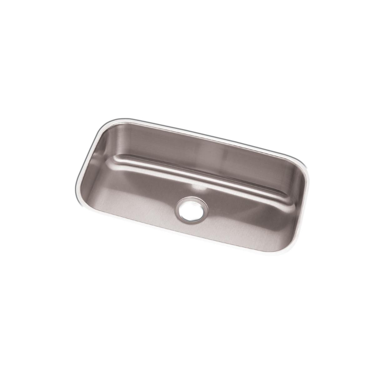 Stainless steel rectangular undermount sink with single bowl and drain hole, angled view.