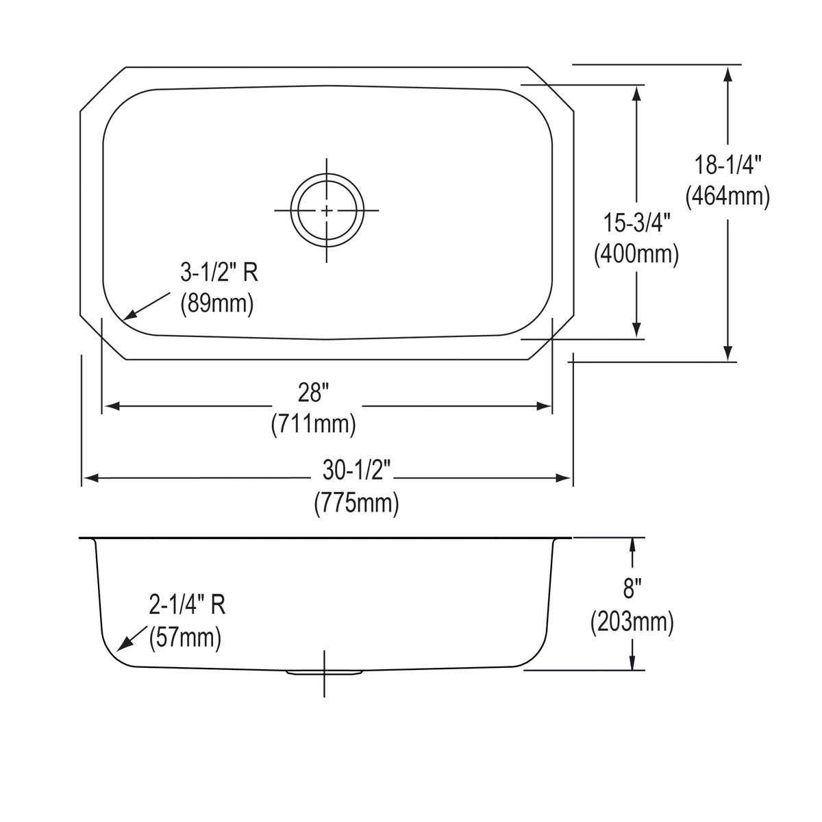 Stainless steel single bowl undermount sink with rounded corners, top view and side profile showing drain hole and depth meas