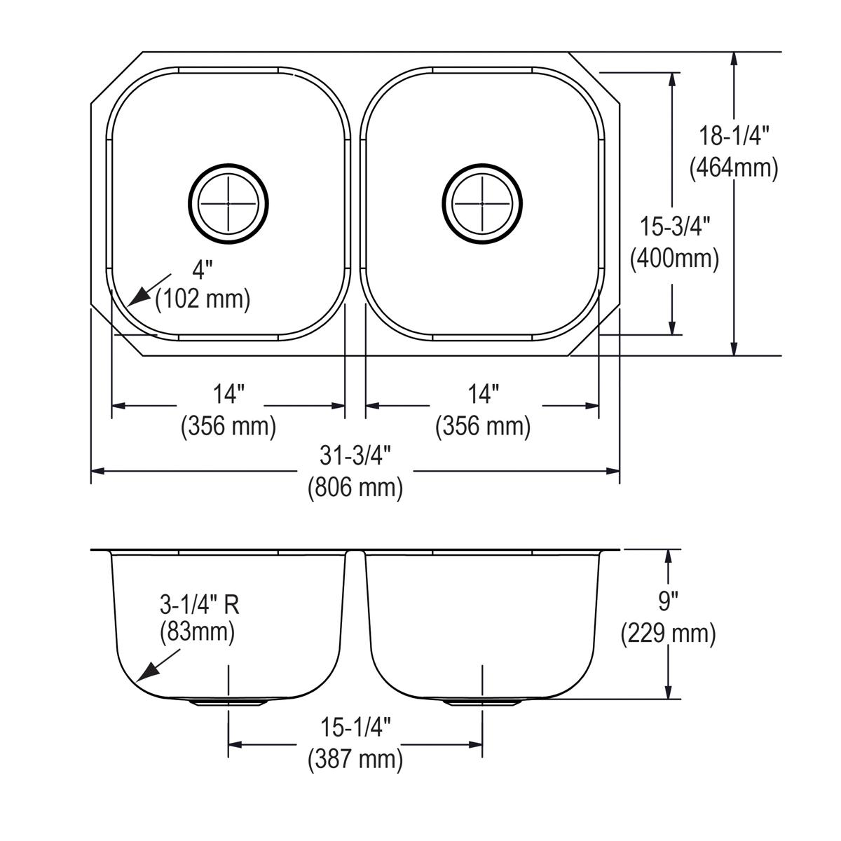 Stainless steel double bowl undermount sink with two equal 14-inch bowls and 4-inch drain openings, technical specification d