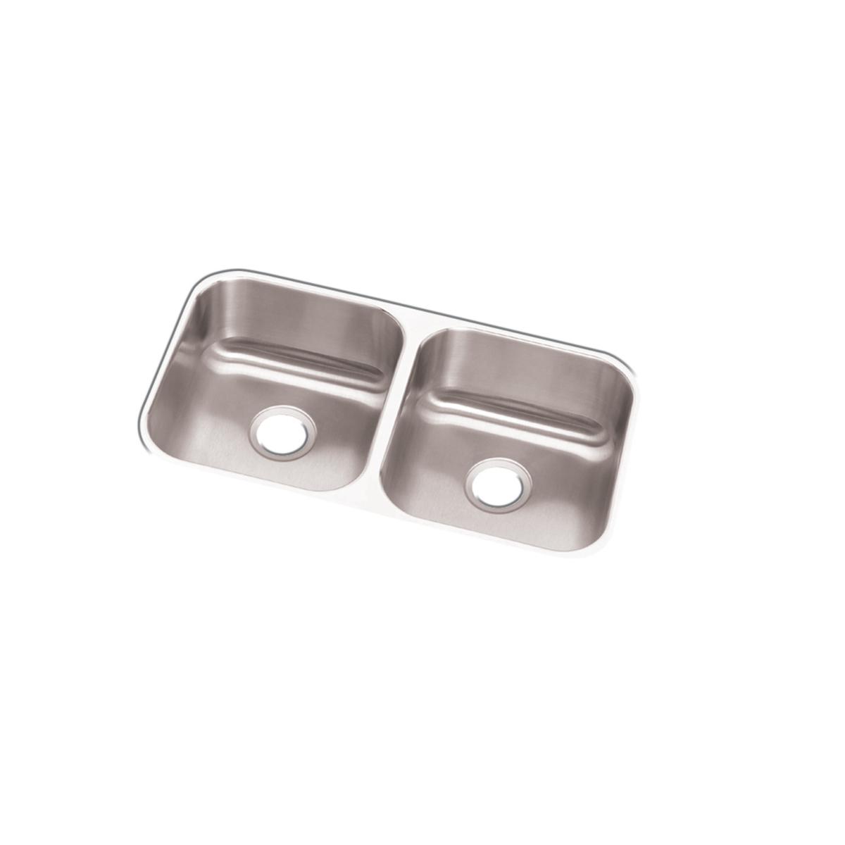 Stainless steel double bowl undermount sink with two equal-sized basins and drain holes.