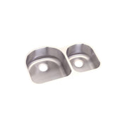 Stainless steel double bowl sink with offset 60/40 configuration and drain holes visible.