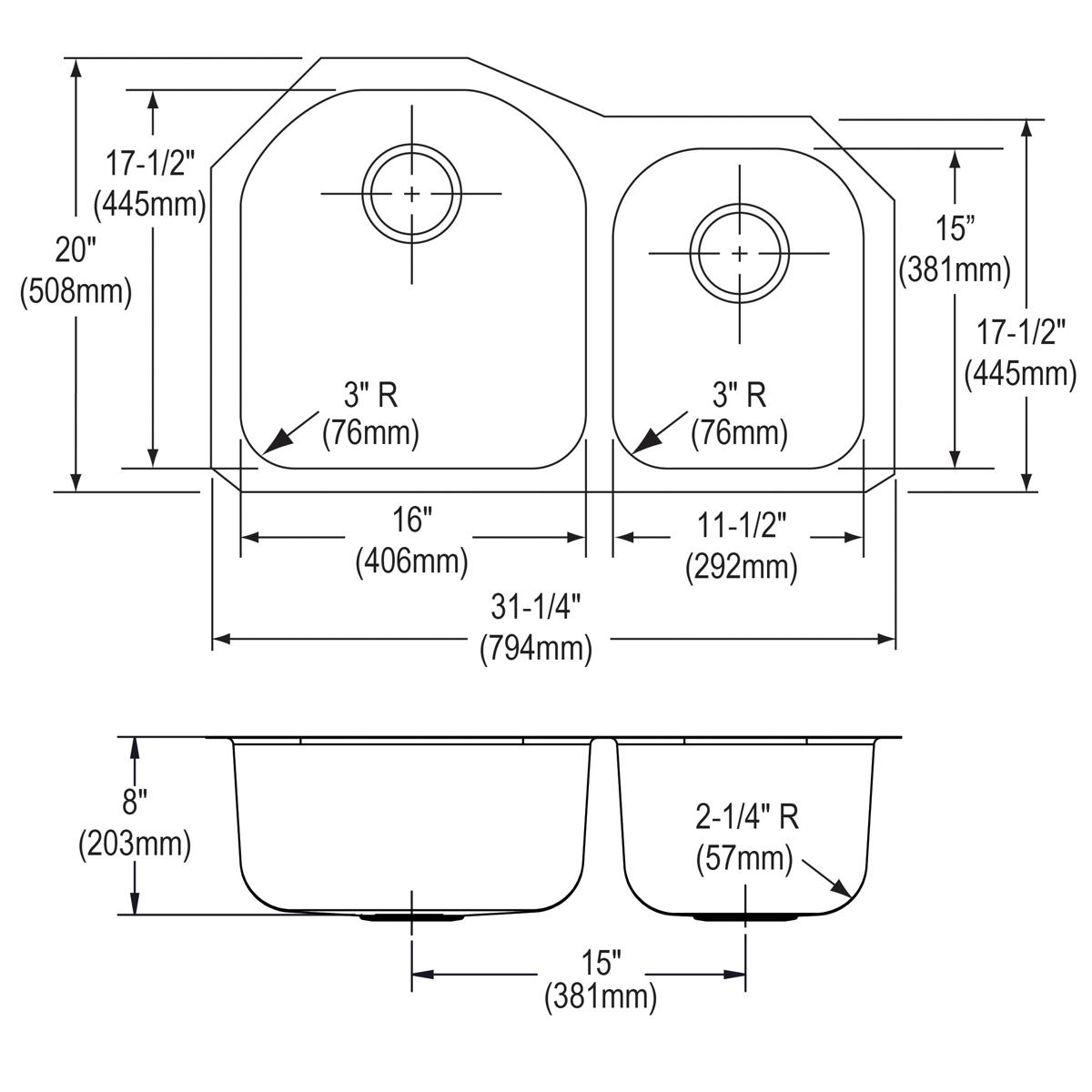 Stainless steel double bowl undermount sink with larger left bowl and smaller right bowl, top and side view technical diagram