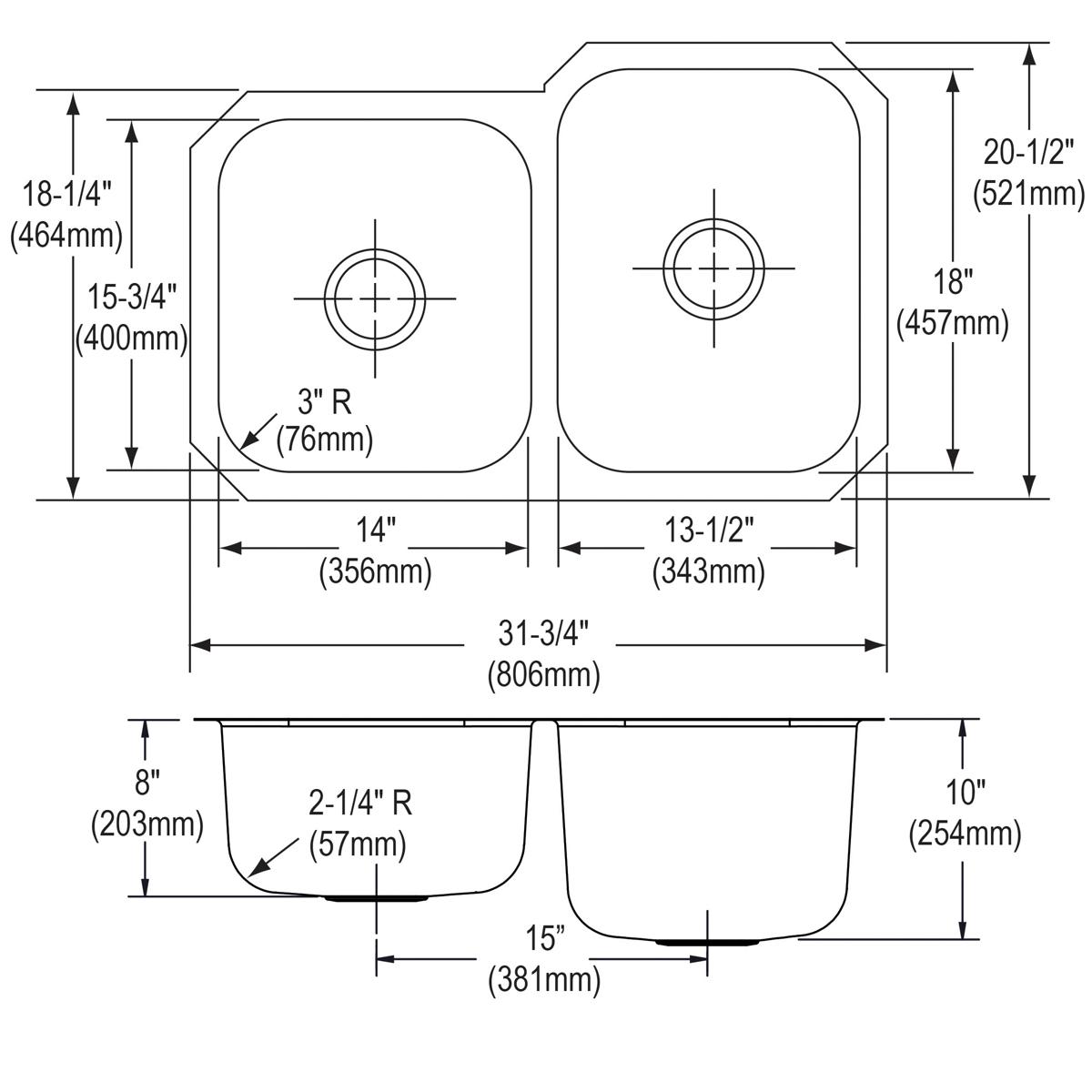 Stainless steel double bowl undermount sink with 40/60 configuration, rounded corners, and drain openings marked on each bowl