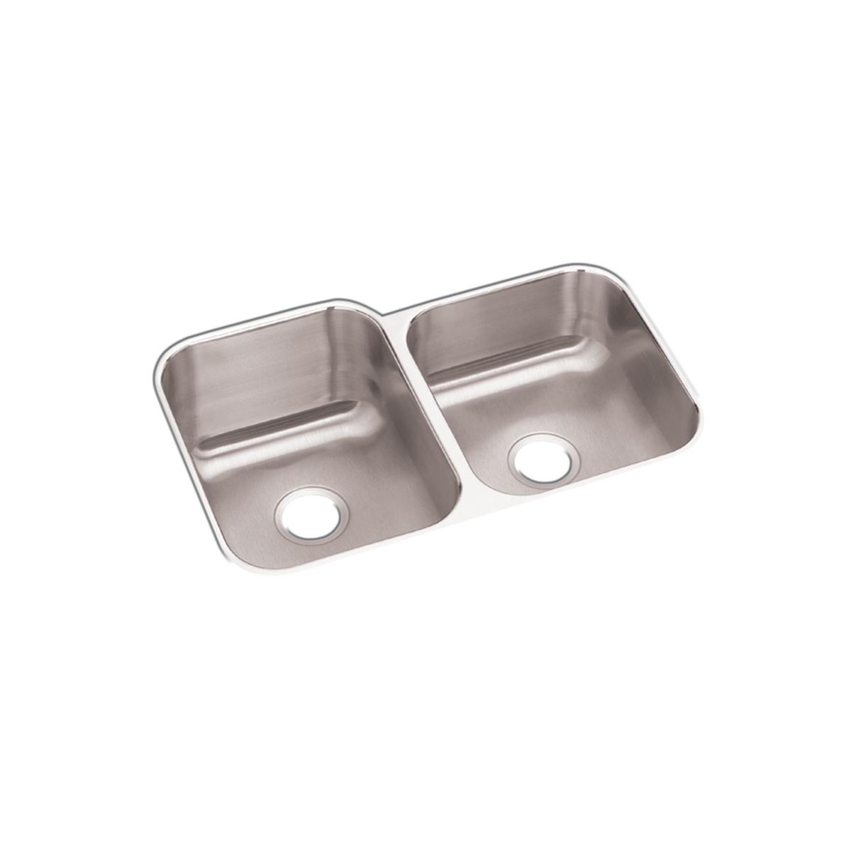 Stainless steel double bowl undermount sink with rounded corners and drain holes.
