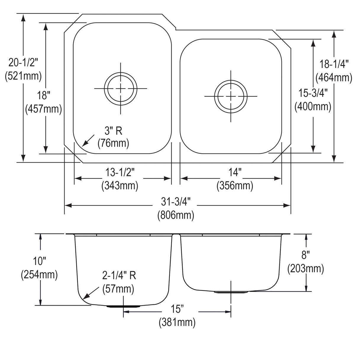 Stainless steel double bowl undermount sink with 60/40 configuration and rounded corners, shown in top and side technical dra